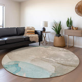 8' Teal Beige And Ivory Abstract Washable Round Rug With UV Protection - HomeRoots - Flyclothing LLC