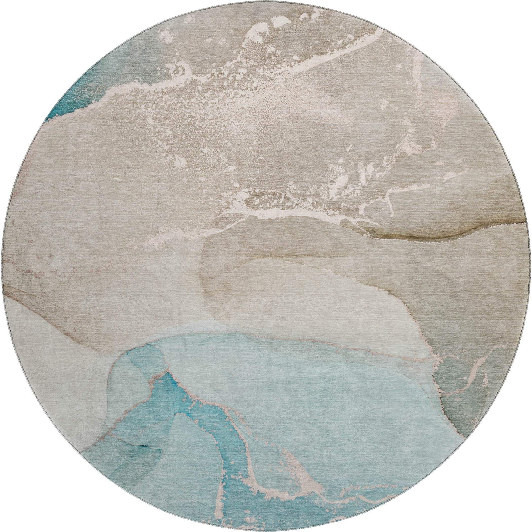 8' Teal Beige And Ivory Abstract Washable Round Rug With UV Protection - HomeRoots - Flyclothing LLC