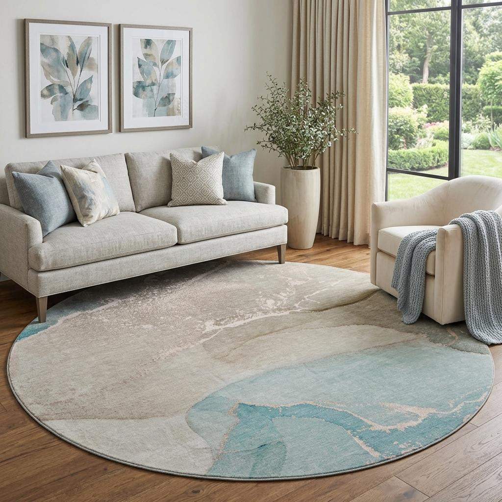 8' Teal Beige And Ivory Abstract Washable Round Rug With UV Protection - HomeRoots - Flyclothing LLC