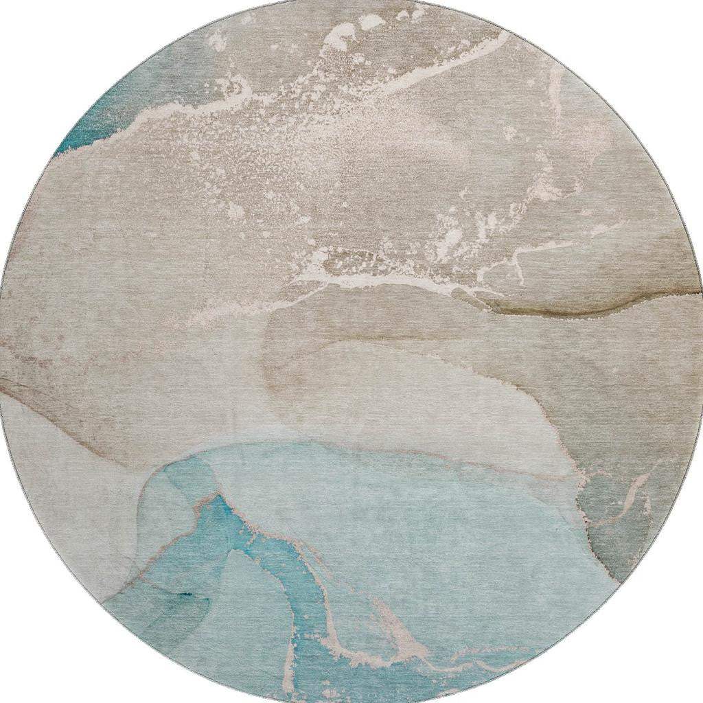 8' Teal Beige And Ivory Abstract Washable Round Rug With UV Protection - HomeRoots - Flyclothing LLC
