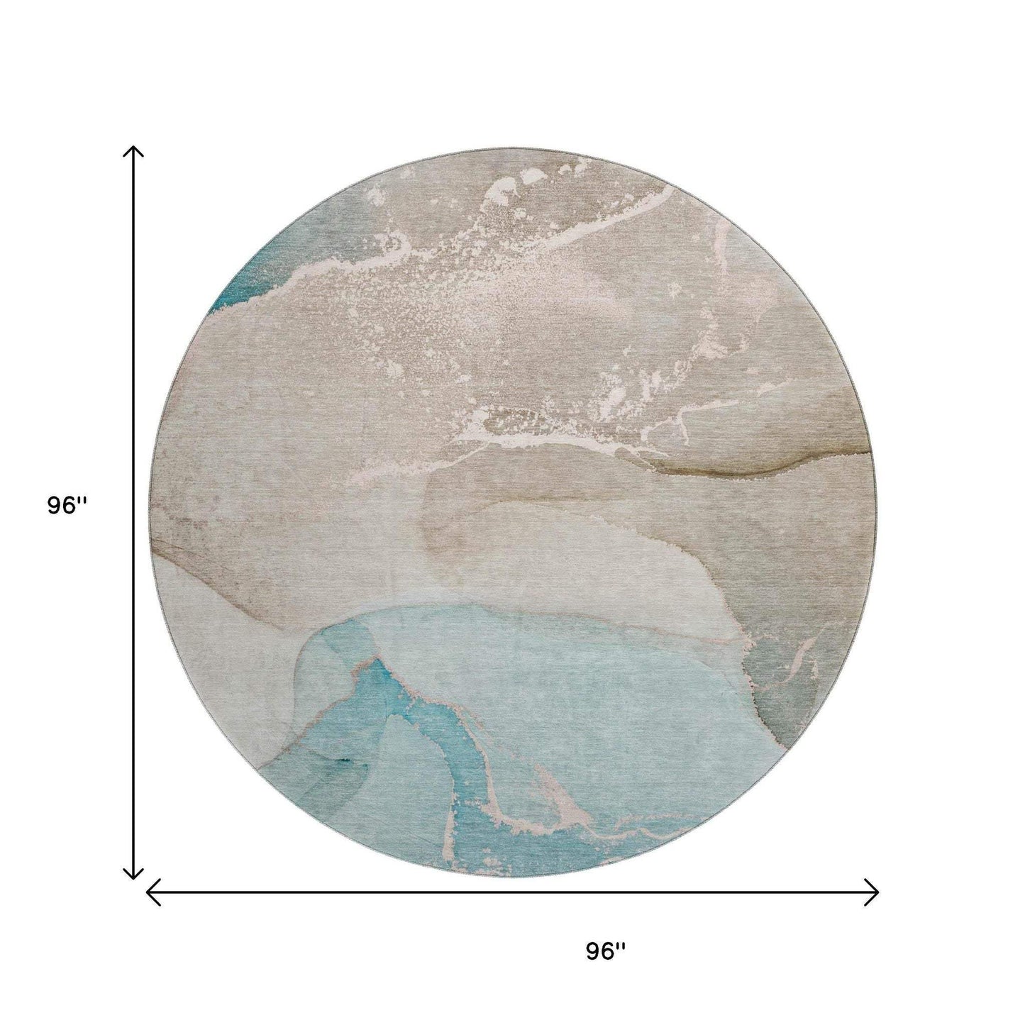 8' Teal Beige And Ivory Abstract Washable Round Rug With UV Protection - HomeRoots - Flyclothing LLC