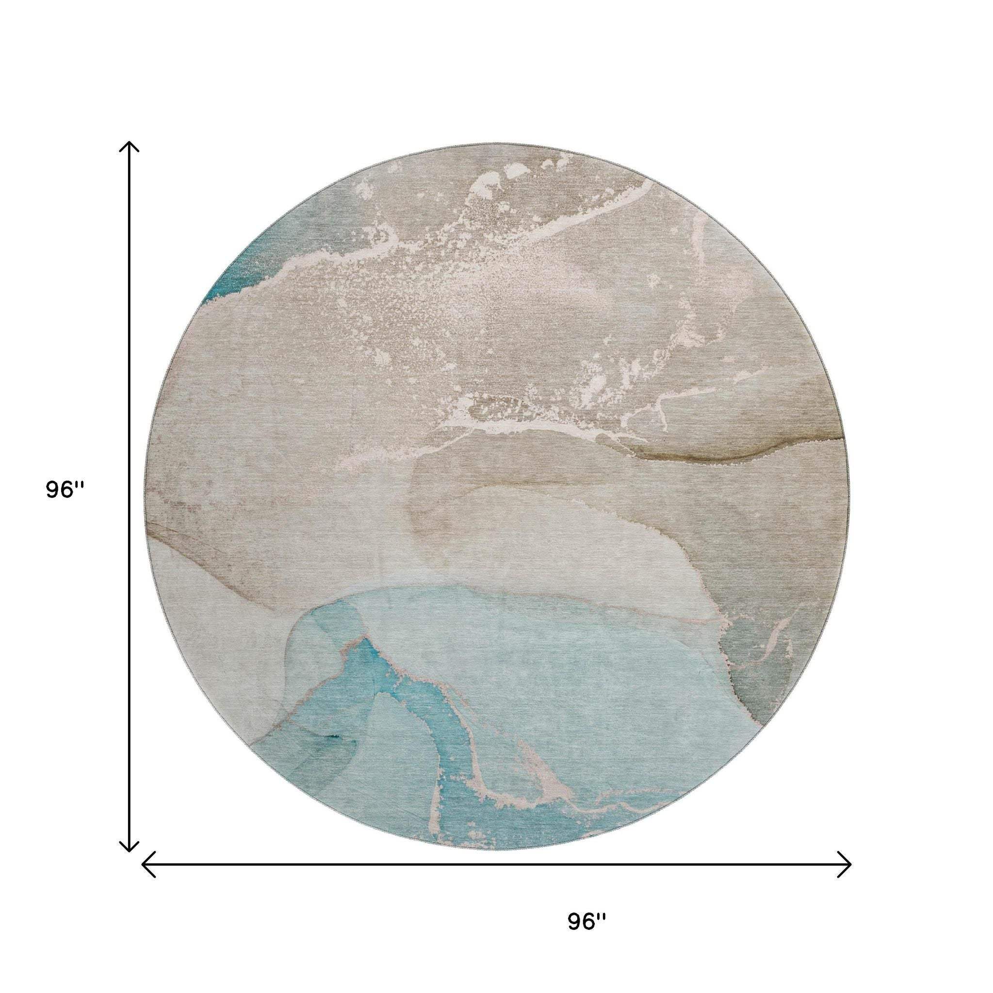 8' Teal Beige And Ivory Abstract Washable Round Rug With UV Protection - HomeRoots - Flyclothing LLC