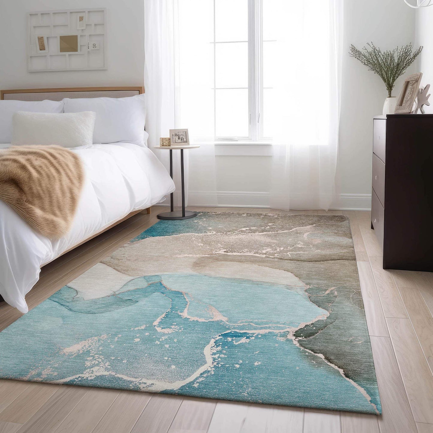 9' X 12' Teal Beige And Ivory Abstract Washable Area Rug With UV Protection - HomeRoots - Flyclothing LLC