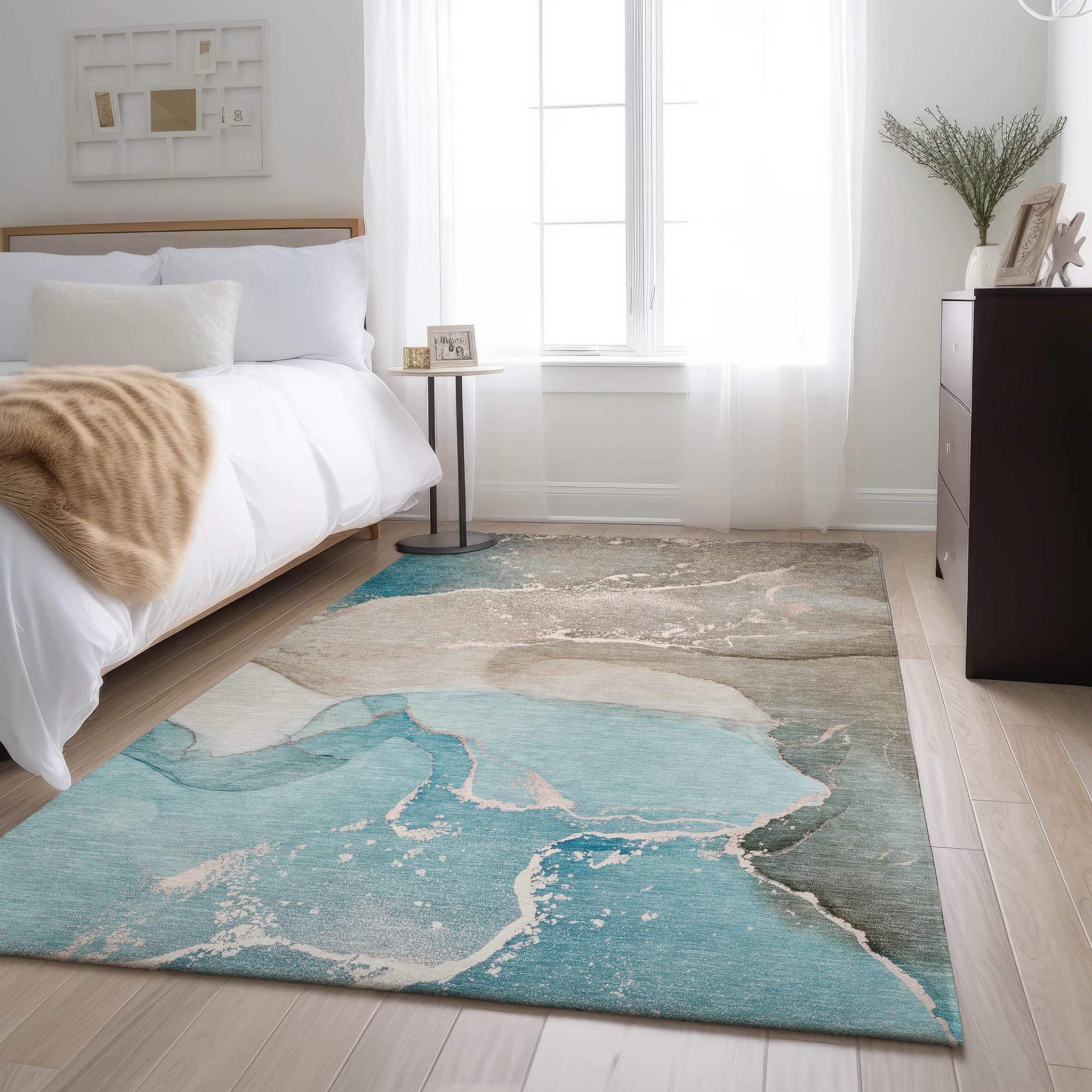 9' X 12' Teal Beige And Ivory Abstract Washable Area Rug With UV Protection - HomeRoots - Flyclothing LLC