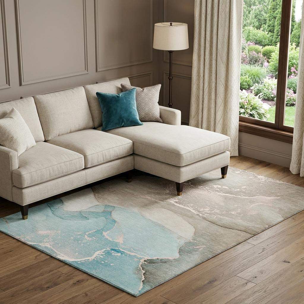 9' X 12' Teal Beige And Ivory Abstract Washable Area Rug With UV Protection - HomeRoots - Flyclothing LLC