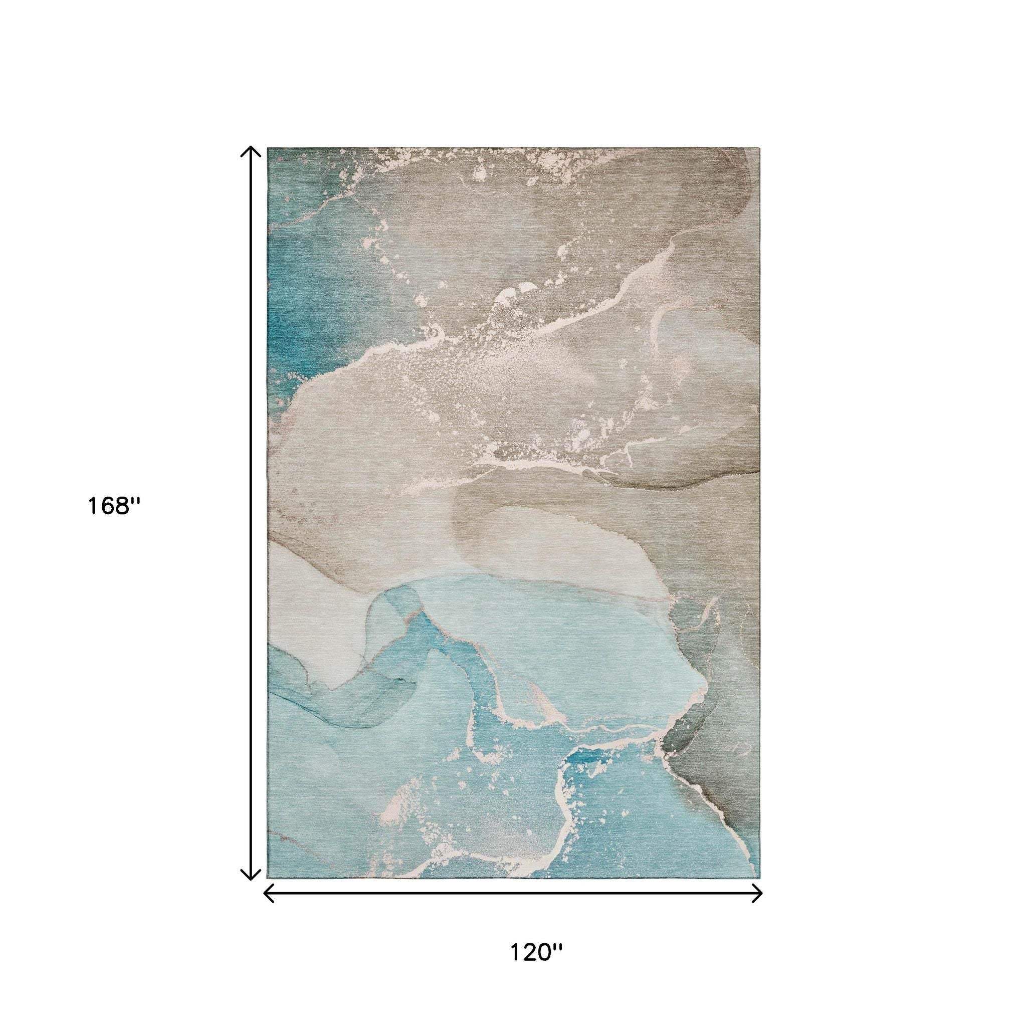 10' X 14' Teal Beige And Ivory Abstract Washable Area Rug With UV Protection - HomeRoots - Flyclothing LLC