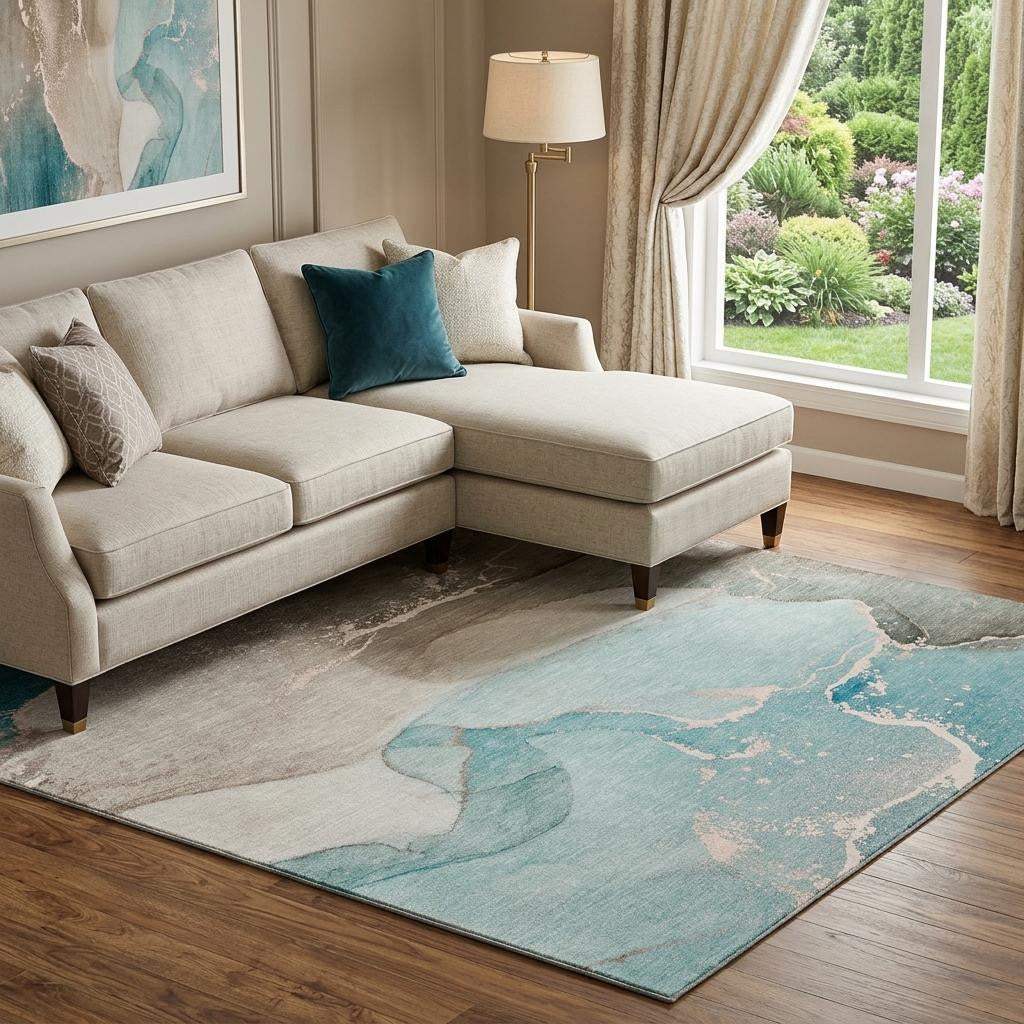 10' X 14' Teal Beige And Ivory Abstract Washable Area Rug With UV Protection - HomeRoots - Flyclothing LLC