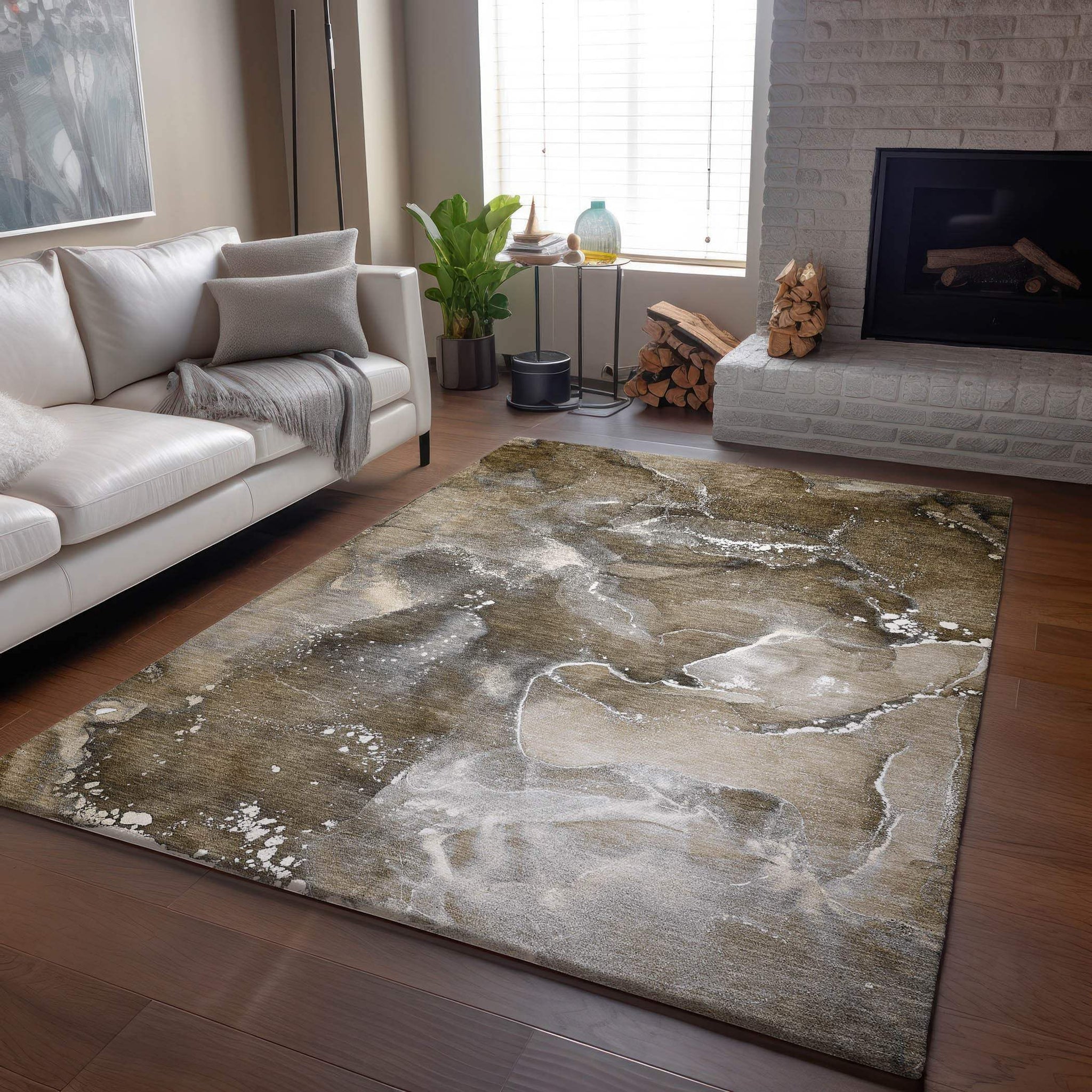 3' X 5' Brown Ivory And Gray Abstract Washable Area Rug With UV Protection - HomeRoots - Flyclothing LLC