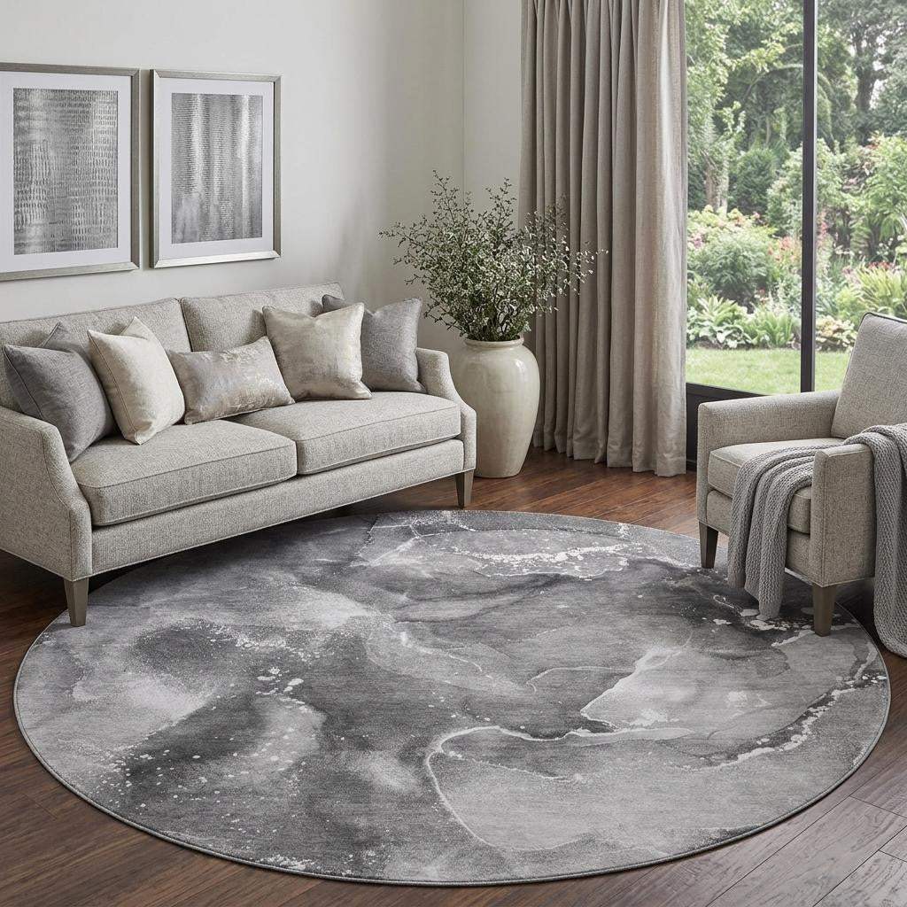 8' Gray And Ivory Abstract Washable Round Rug With UV Protection - HomeRoots - Flyclothing LLC