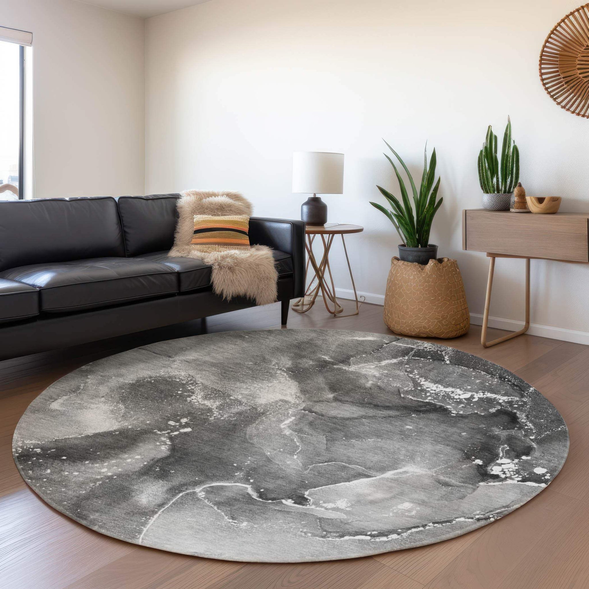 8' Gray And Ivory Abstract Washable Round Rug With UV Protection - HomeRoots - Flyclothing LLC