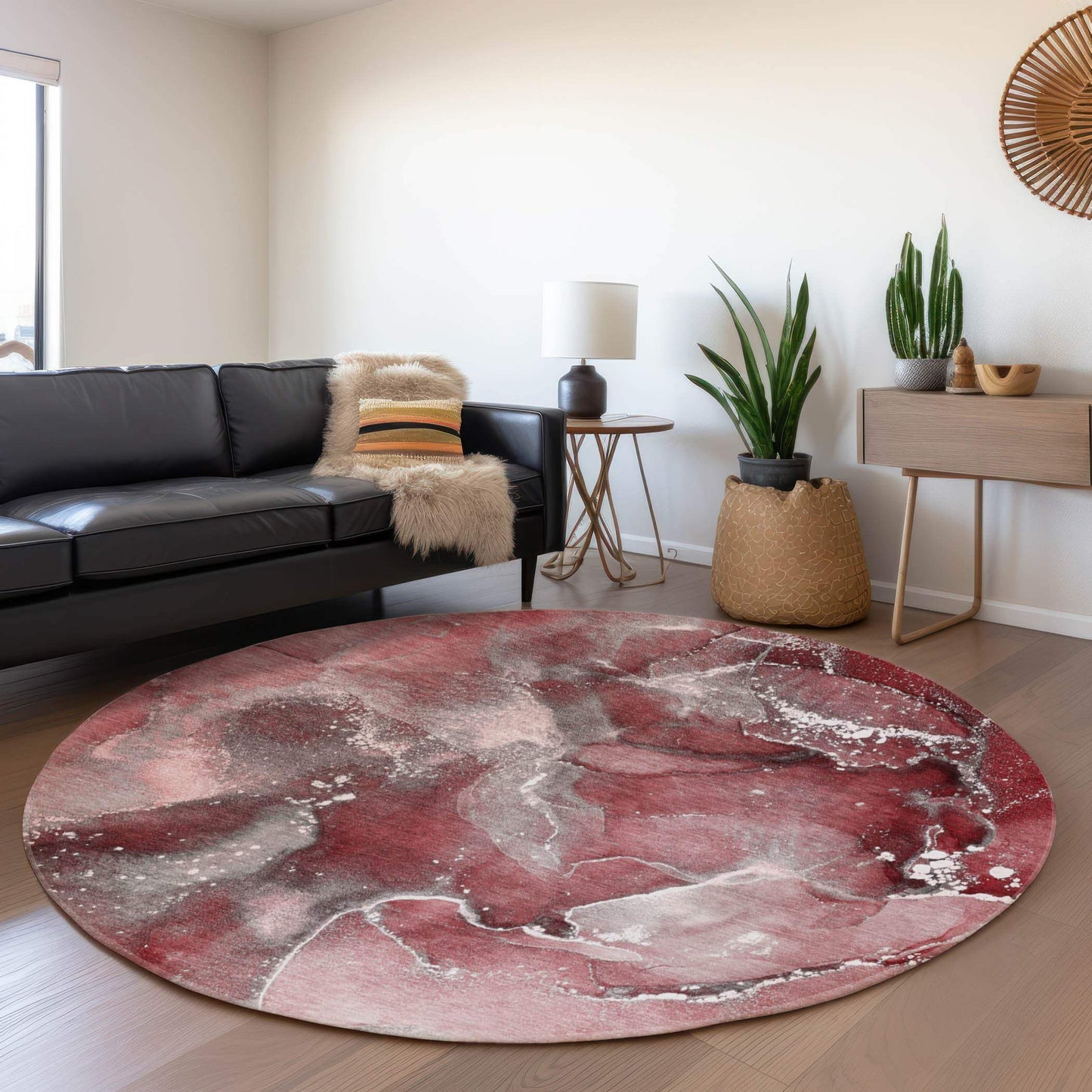 8' Merlot And Ivory Abstract Washable Round Rug With UV Protection - HomeRoots - Flyclothing LLC