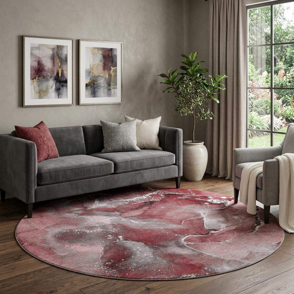 8' Merlot And Ivory Abstract Washable Round Rug With UV Protection - HomeRoots - Flyclothing LLC