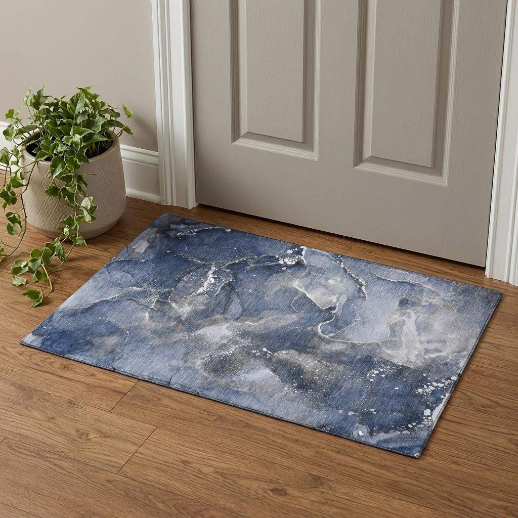 3' X 5' Navy Blue And Ivory Abstract Washable Area Rug With UV Protection - HomeRoots - Flyclothing LLC