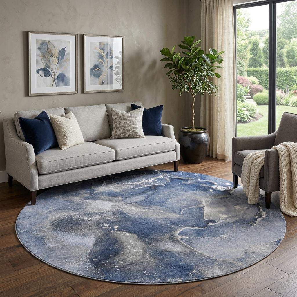 8' Navy Blue And Ivory Abstract Washable Round Rug With UV Protection - HomeRoots - Flyclothing LLC
