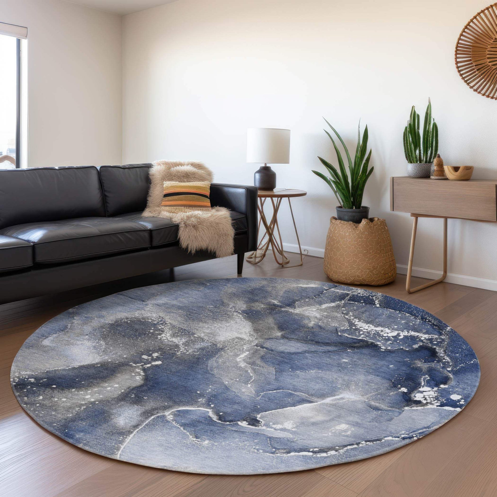 8' Navy Blue And Ivory Abstract Washable Round Rug With UV Protection - HomeRoots - Flyclothing LLC
