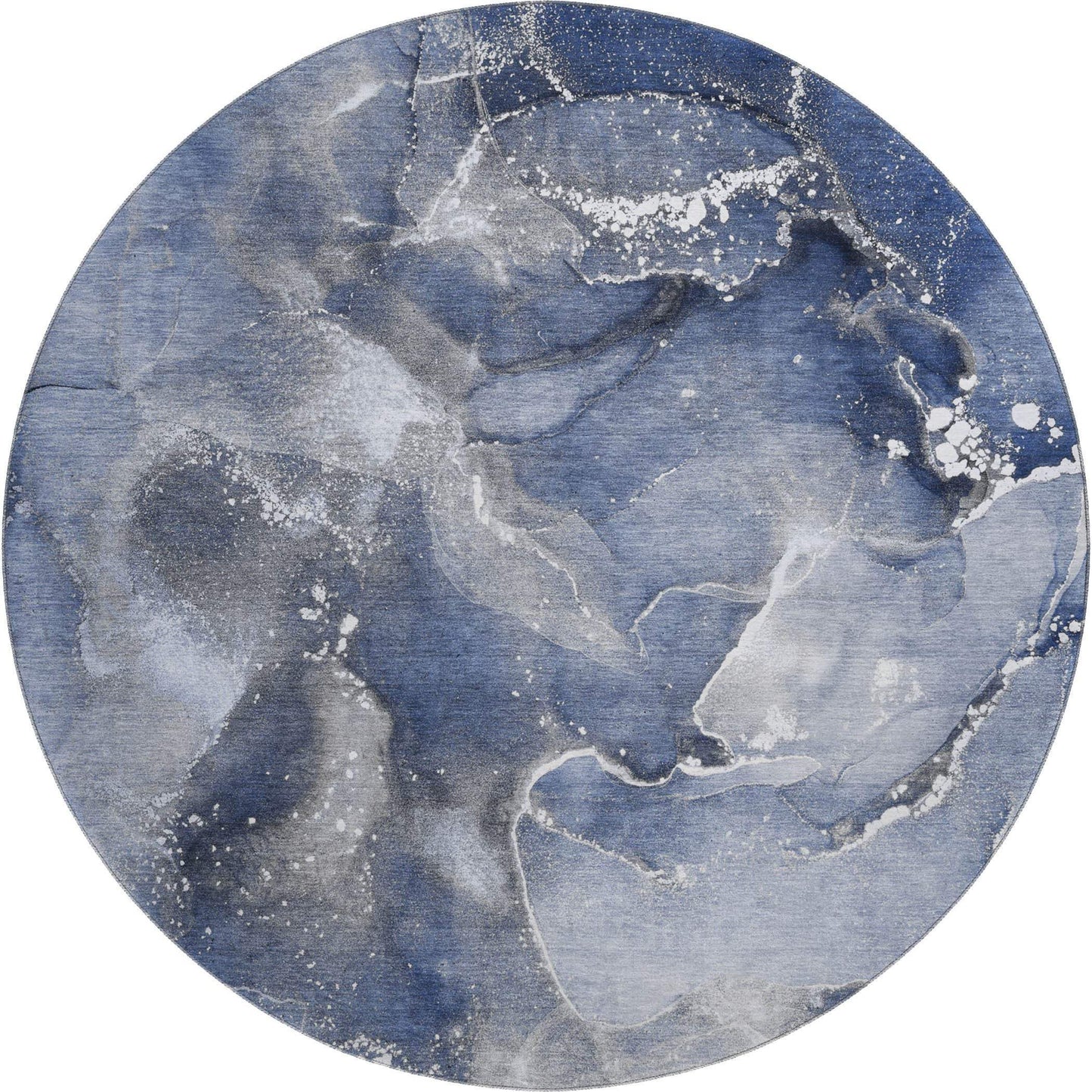 8' Navy Blue And Ivory Abstract Washable Round Rug With UV Protection - HomeRoots - Flyclothing LLC