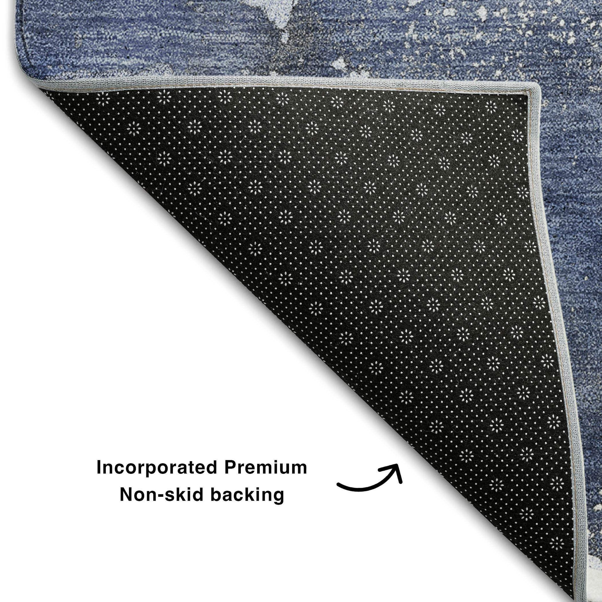 8' Navy Blue And Ivory Abstract Washable Round Rug With UV Protection - HomeRoots - Flyclothing LLC