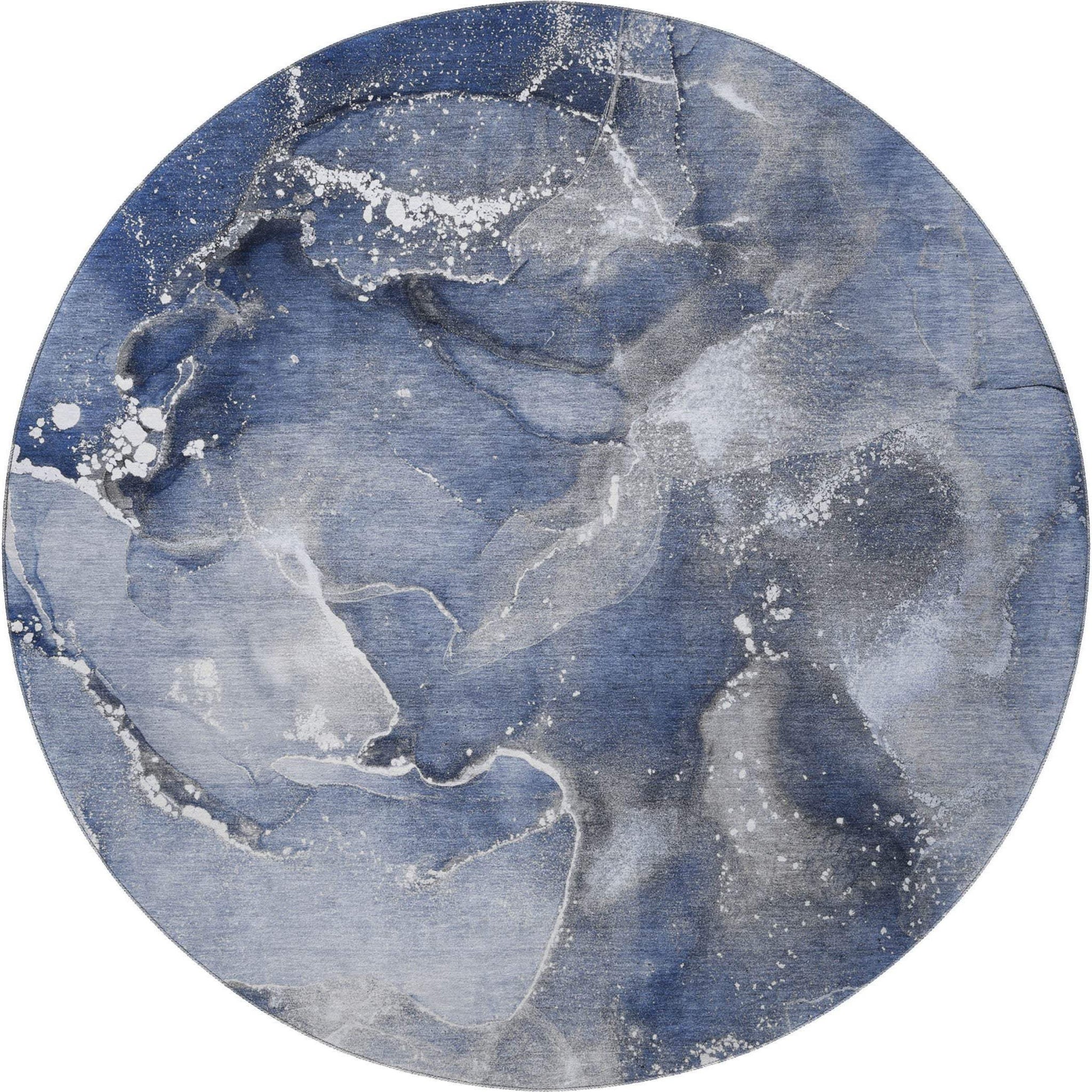 8' Navy Blue And Ivory Abstract Washable Round Rug With UV Protection - HomeRoots - Flyclothing LLC