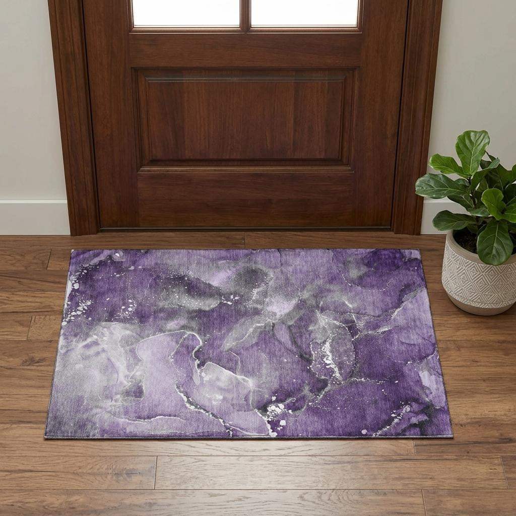 3' X 5' Purple And Ivory Abstract Washable Area Rug With UV Protection - HomeRoots - Flyclothing LLC