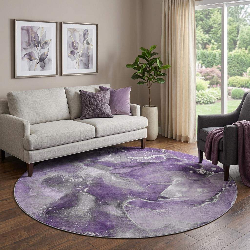 8' Purple And Ivory Abstract Washable Round Rug With UV Protection - HomeRoots - Flyclothing LLC