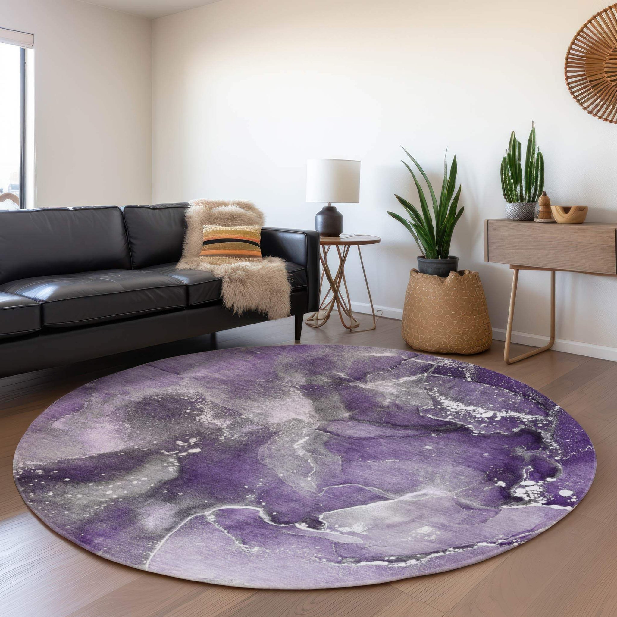 8' Purple And Ivory Abstract Washable Round Rug With UV Protection - HomeRoots - Flyclothing LLC