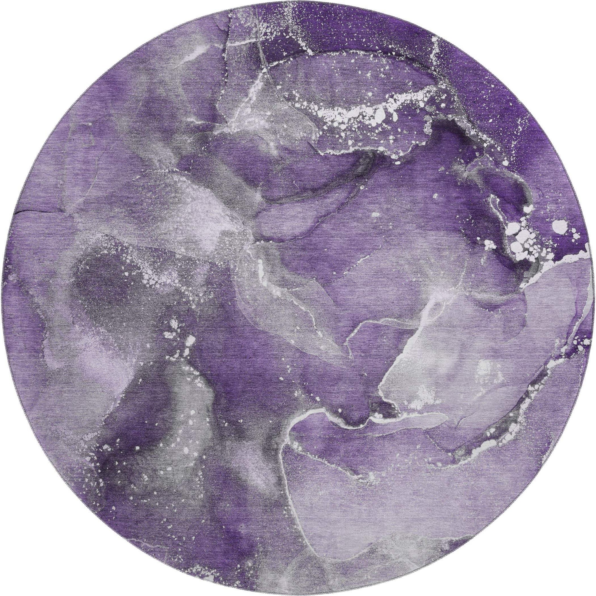 8' Purple And Ivory Abstract Washable Round Rug With UV Protection - HomeRoots - Flyclothing LLC