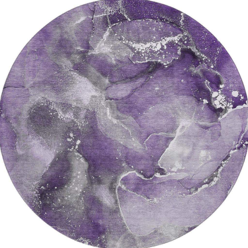 8' Purple And Ivory Abstract Washable Round Rug With UV Protection - HomeRoots - Flyclothing LLC