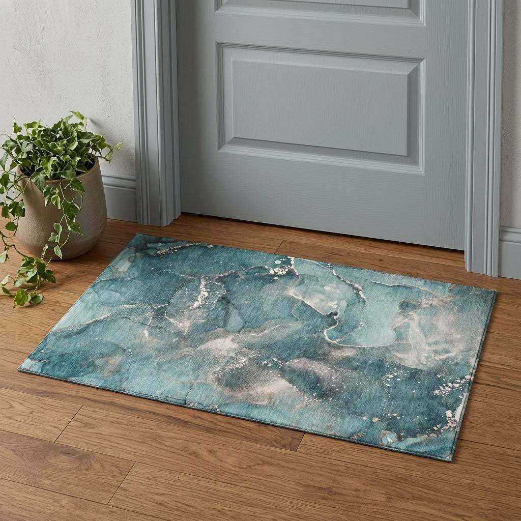 3' X 5' Teal And Ivory Abstract Washable Area Rug With UV Protection - HomeRoots - Flyclothing LLC