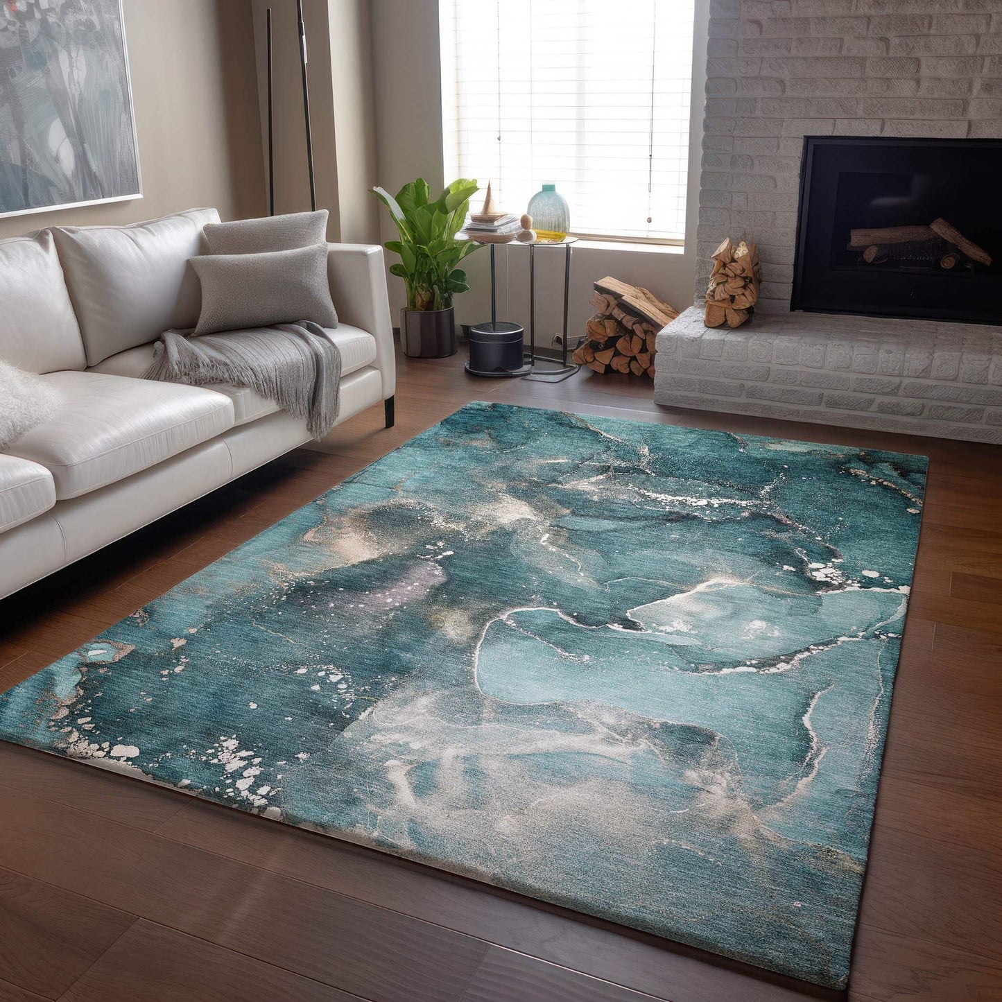 3' X 5' Teal And Ivory Abstract Washable Area Rug With UV Protection - HomeRoots - Flyclothing LLC