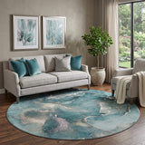8' Teal And Ivory Abstract Washable Round Rug With UV Protection - HomeRoots - Flyclothing LLC