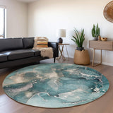 8' Teal And Ivory Abstract Washable Round Rug With UV Protection - HomeRoots - Flyclothing LLC