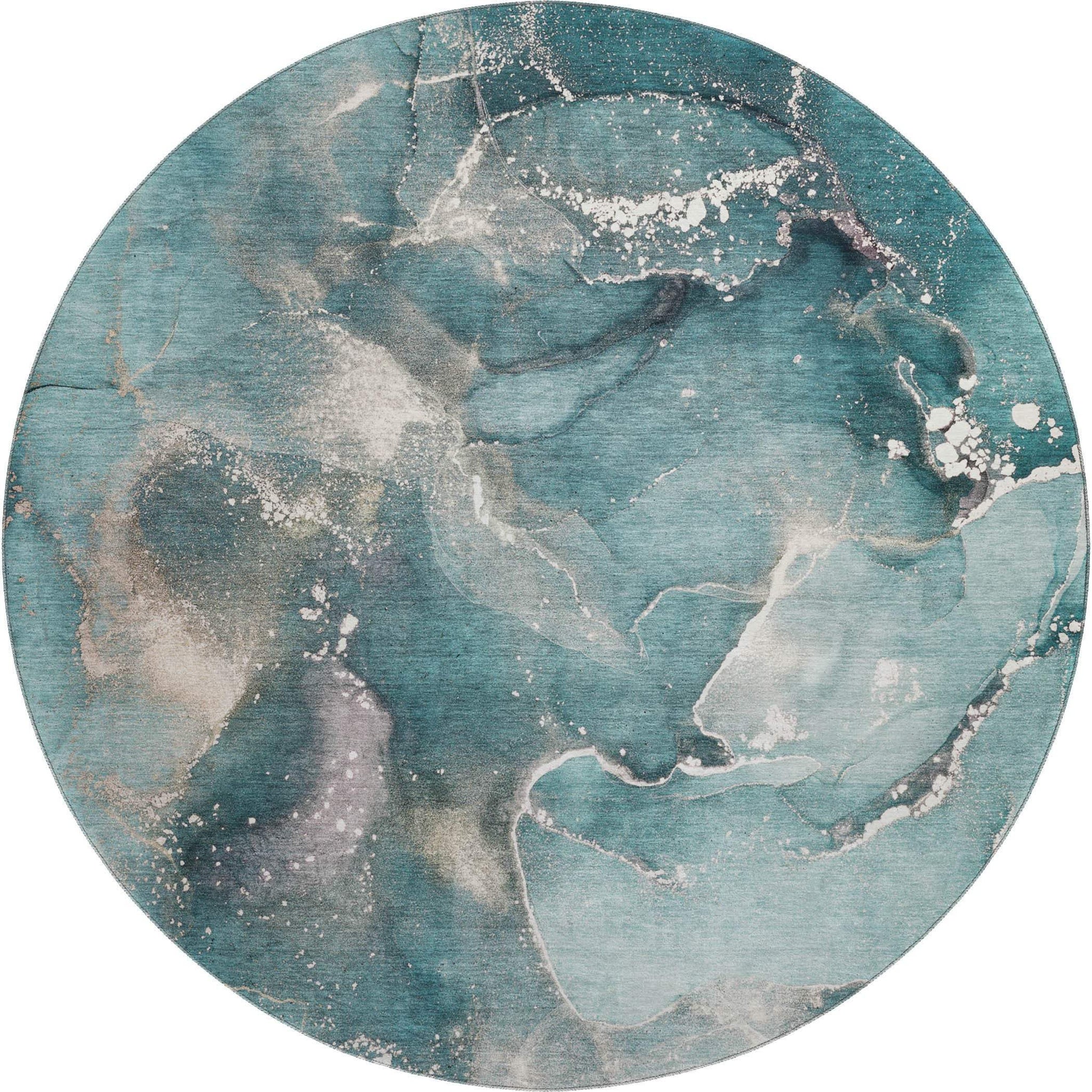 8' Teal And Ivory Abstract Washable Round Rug With UV Protection - HomeRoots - Flyclothing LLC