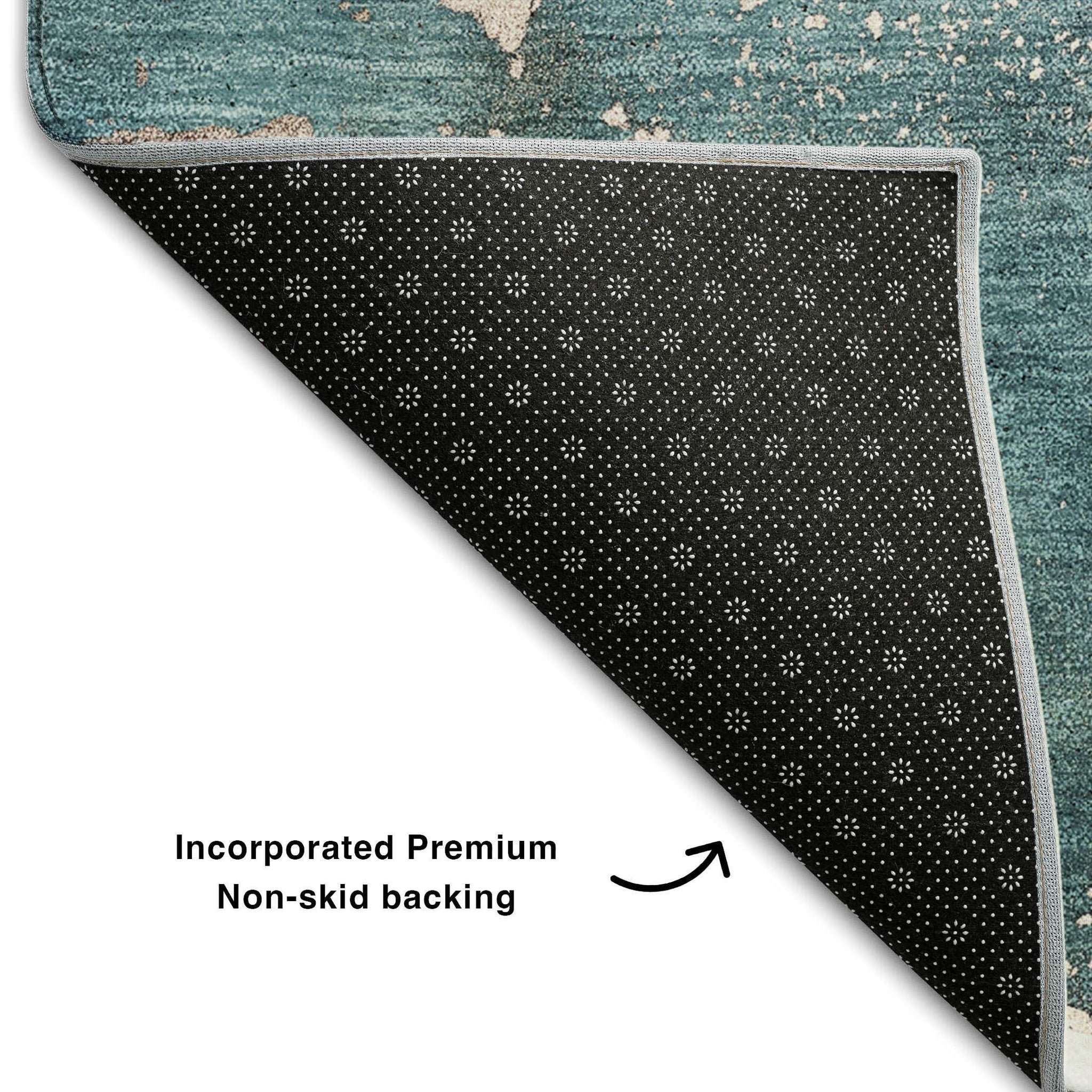 8' Teal And Ivory Abstract Washable Round Rug With UV Protection - HomeRoots - Flyclothing LLC
