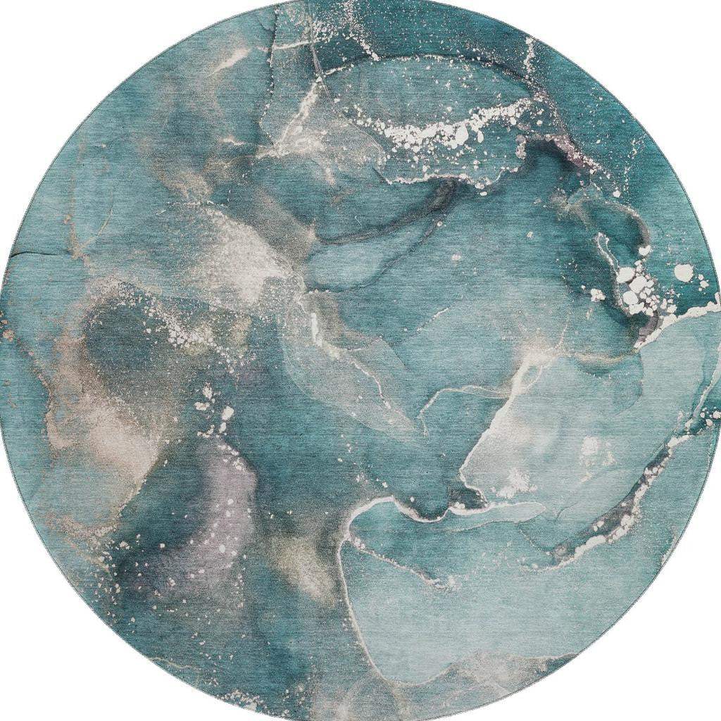 8' Teal And Ivory Abstract Washable Round Rug With UV Protection - HomeRoots - Flyclothing LLC