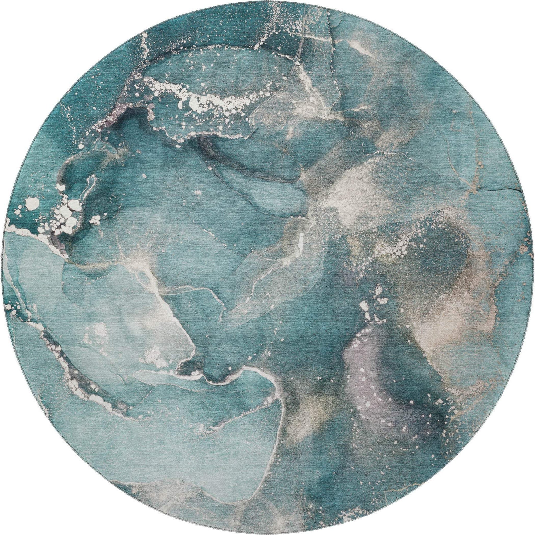 8' Teal And Ivory Abstract Washable Round Rug With UV Protection - HomeRoots - Flyclothing LLC