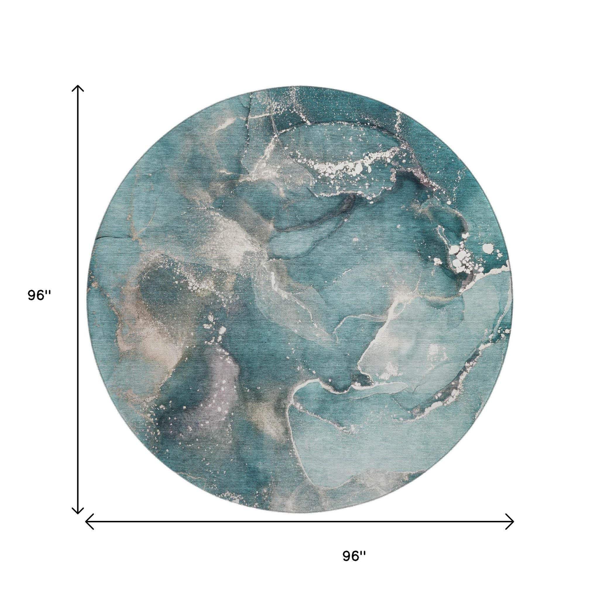 8' Teal And Ivory Abstract Washable Round Rug With UV Protection - HomeRoots - Flyclothing LLC