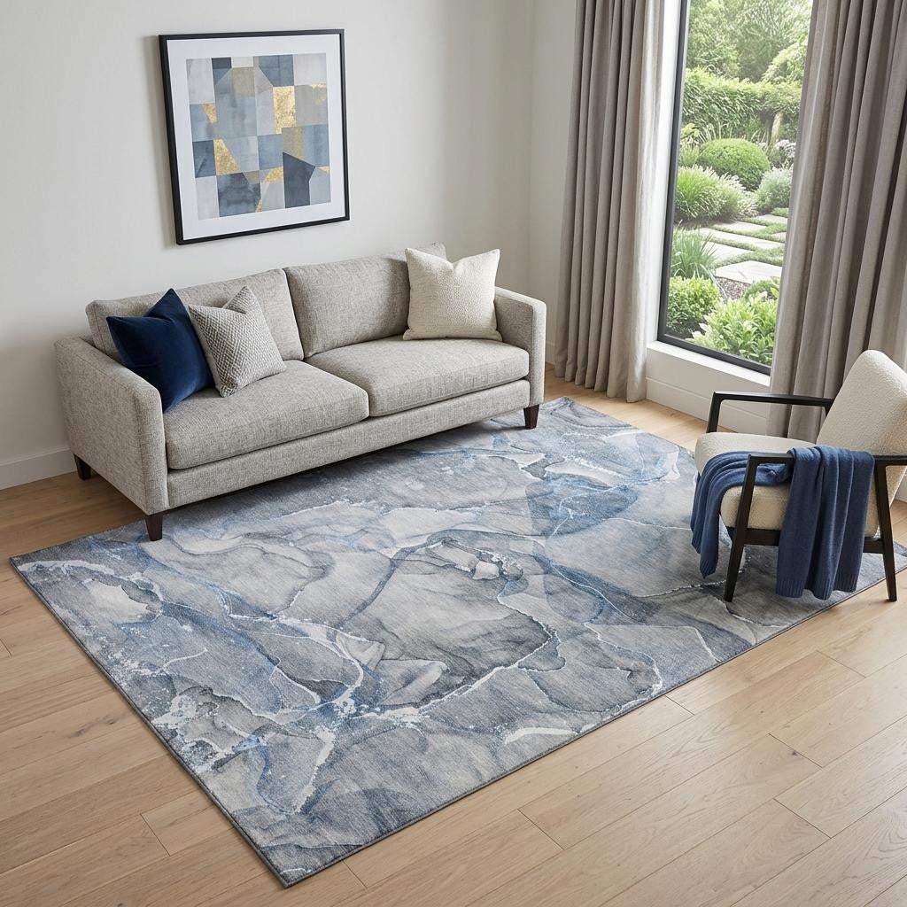 5' X 8' Blue And Ivory Abstract Washable Area Rug With UV Protection - HomeRoots - Flyclothing LLC