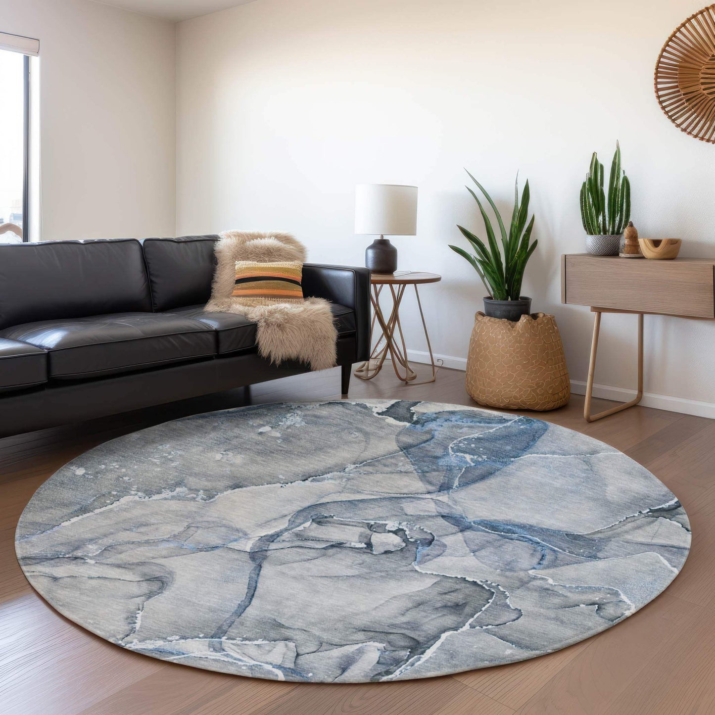 8' Blue And Ivory Abstract Washable Round Rug With UV Protection - HomeRoots - Flyclothing LLC