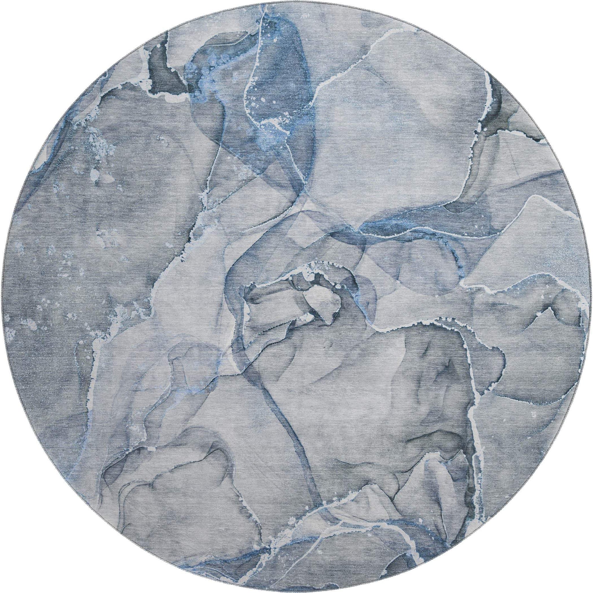 8' Blue And Ivory Abstract Washable Round Rug With UV Protection - HomeRoots - Flyclothing LLC