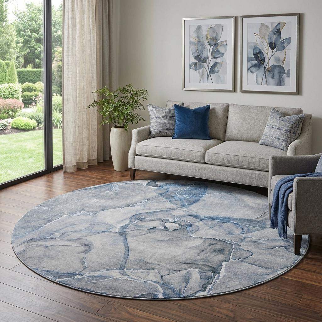 8' Blue And Ivory Abstract Washable Round Rug With UV Protection - HomeRoots - Flyclothing LLC