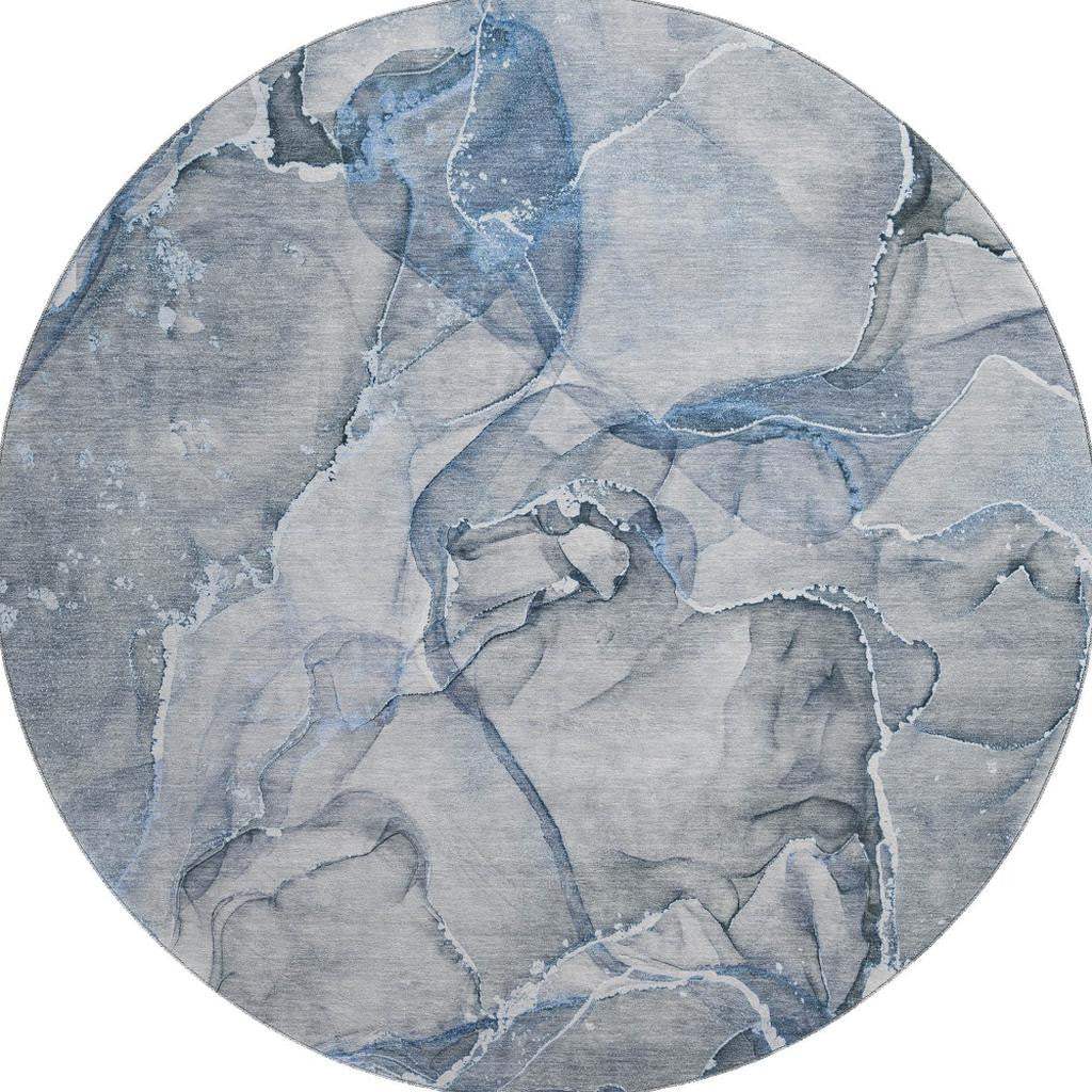 8' Blue And Ivory Abstract Washable Round Rug With UV Protection - HomeRoots - Flyclothing LLC