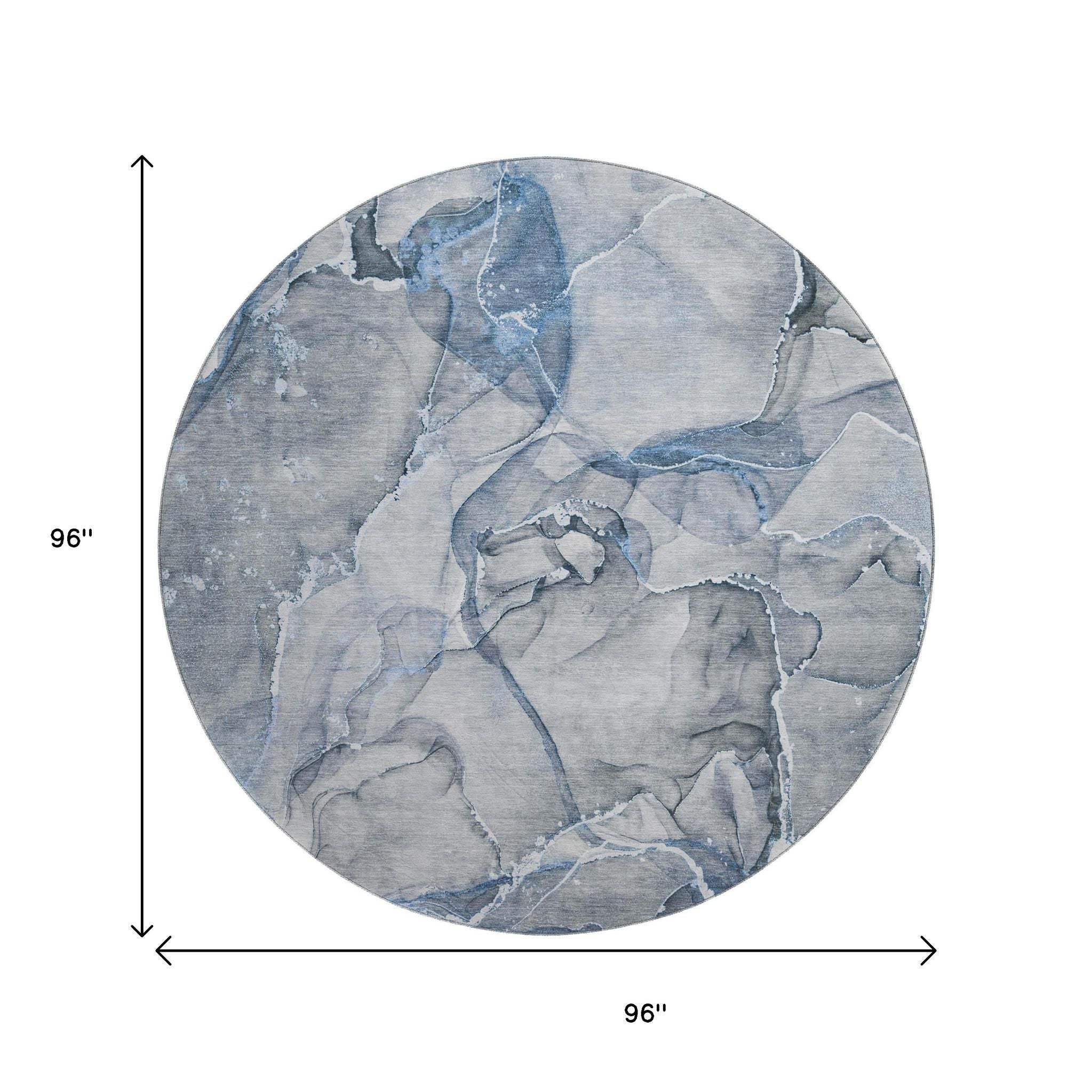 8' Blue And Ivory Abstract Washable Round Rug With UV Protection - HomeRoots - Flyclothing LLC