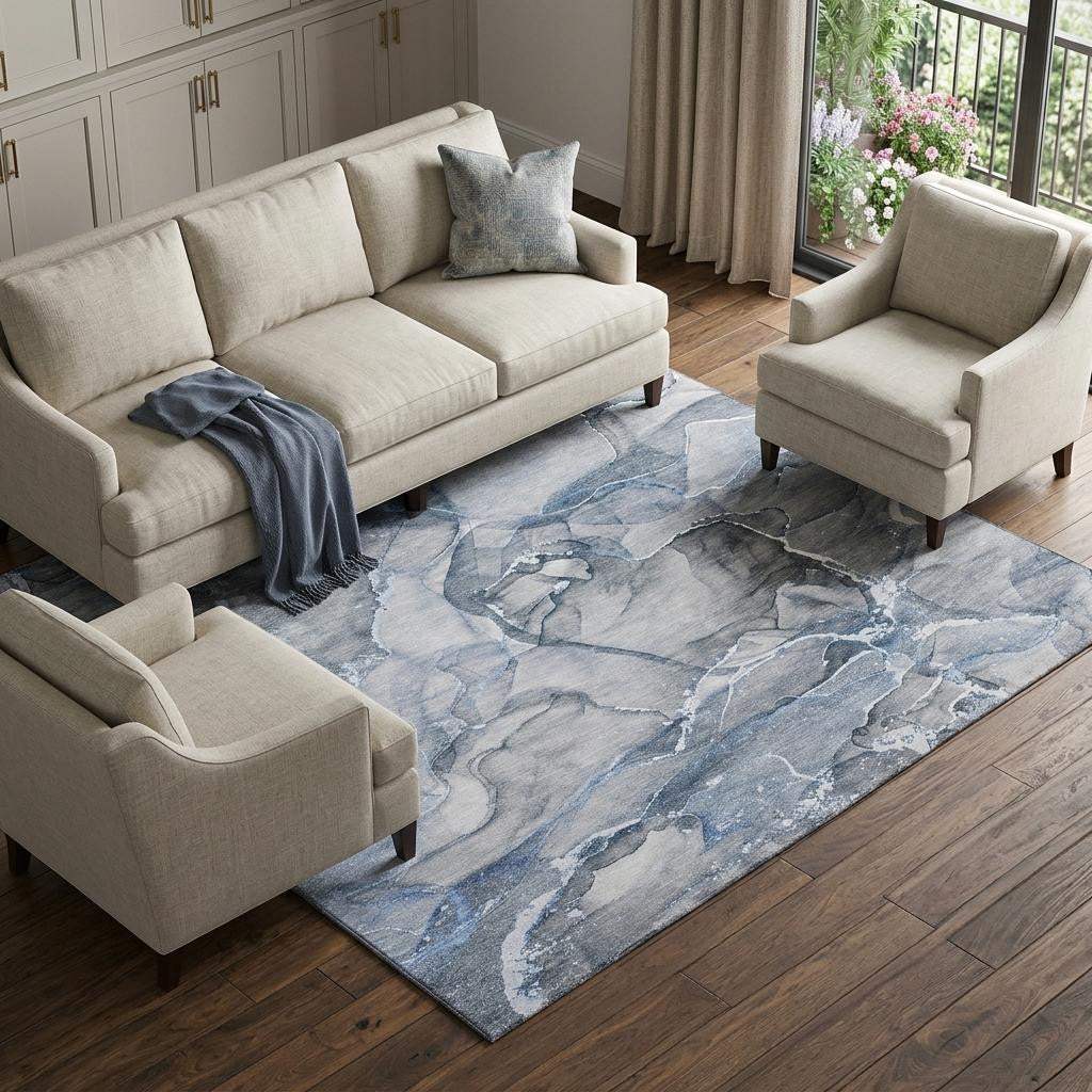 8' X 10' Blue And Ivory Abstract Washable Area Rug With UV Protection - HomeRoots - Flyclothing LLC