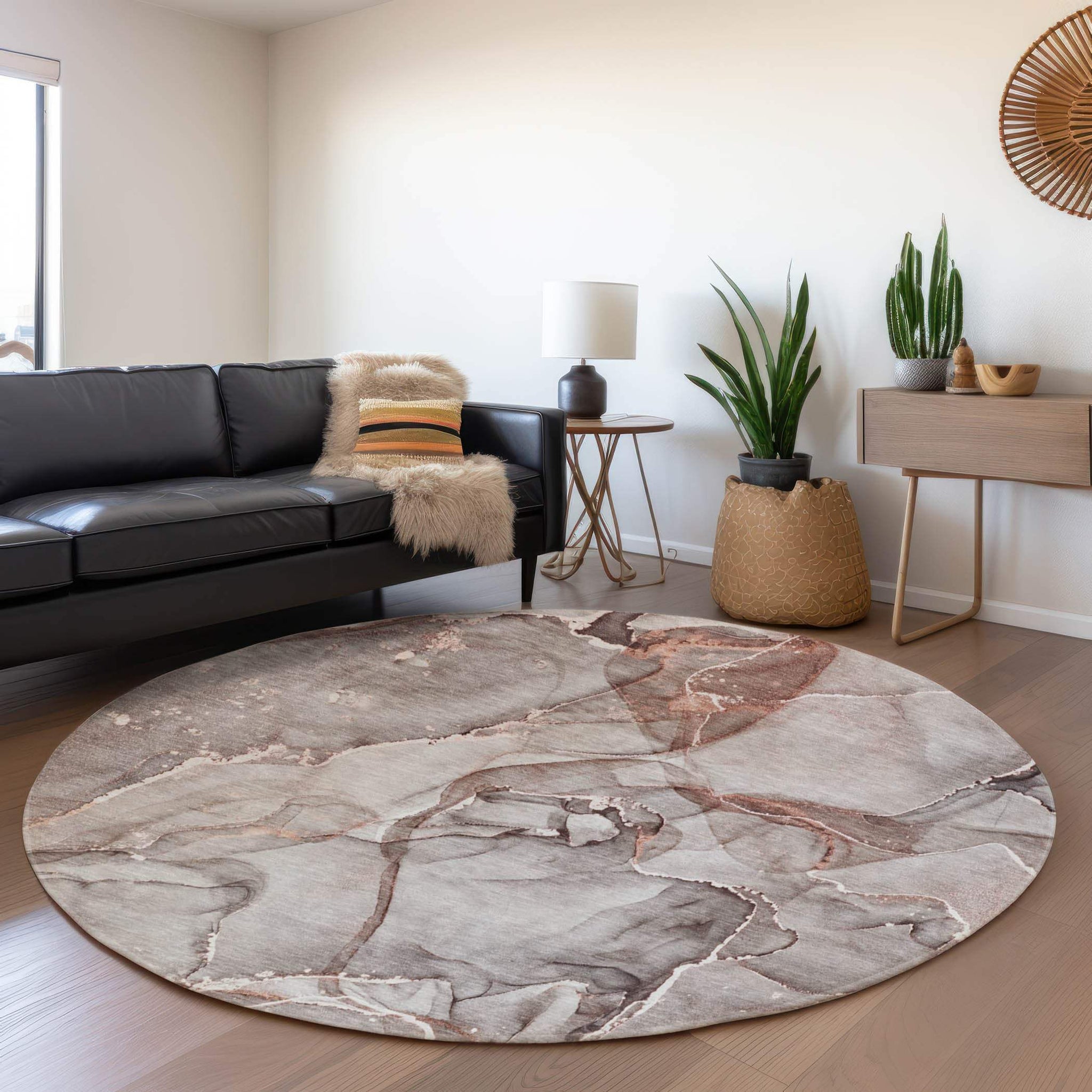8' Gray And Ivory Abstract Washable Round Rug With UV Protection - HomeRoots - Flyclothing LLC
