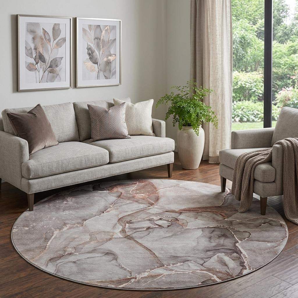 8' Gray And Ivory Abstract Washable Round Rug With UV Protection - HomeRoots - Flyclothing LLC