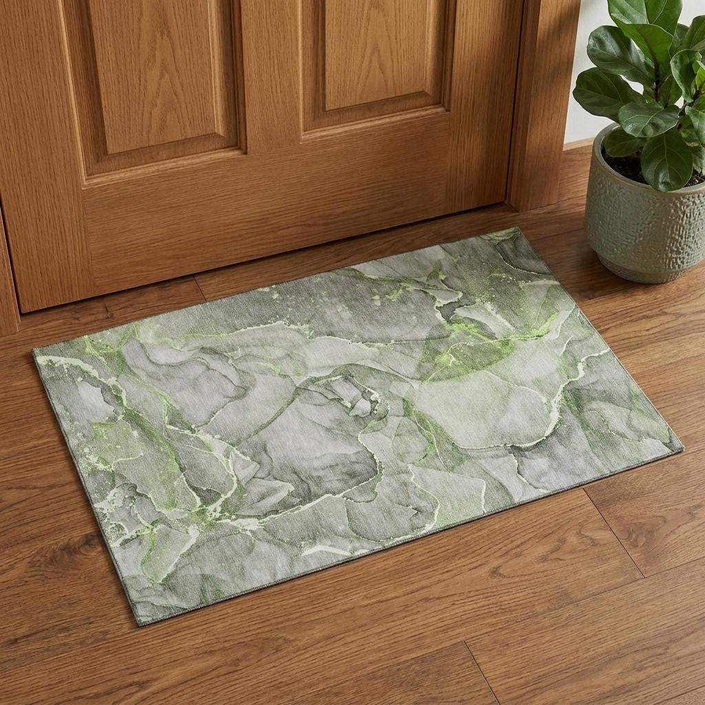 3' X 5' Green And Ivory Abstract Washable Area Rug With UV Protection - HomeRoots - Flyclothing LLC