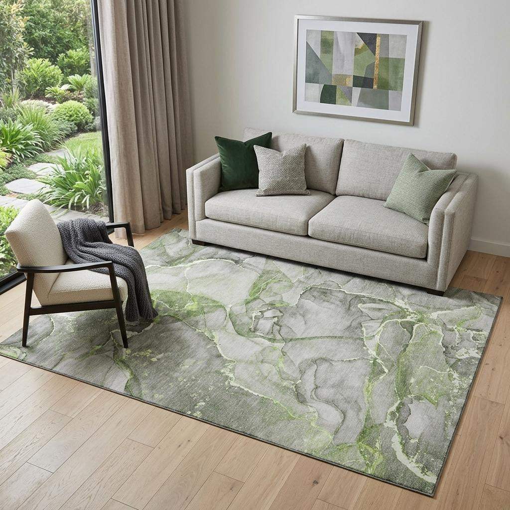 5' X 8' Green And Ivory Abstract Washable Area Rug With UV Protection - HomeRoots - Flyclothing LLC