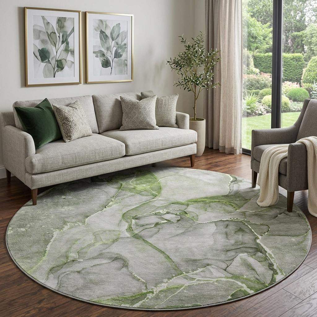 8' Green And Ivory Abstract Washable Round Rug With UV Protection - HomeRoots - Flyclothing LLC