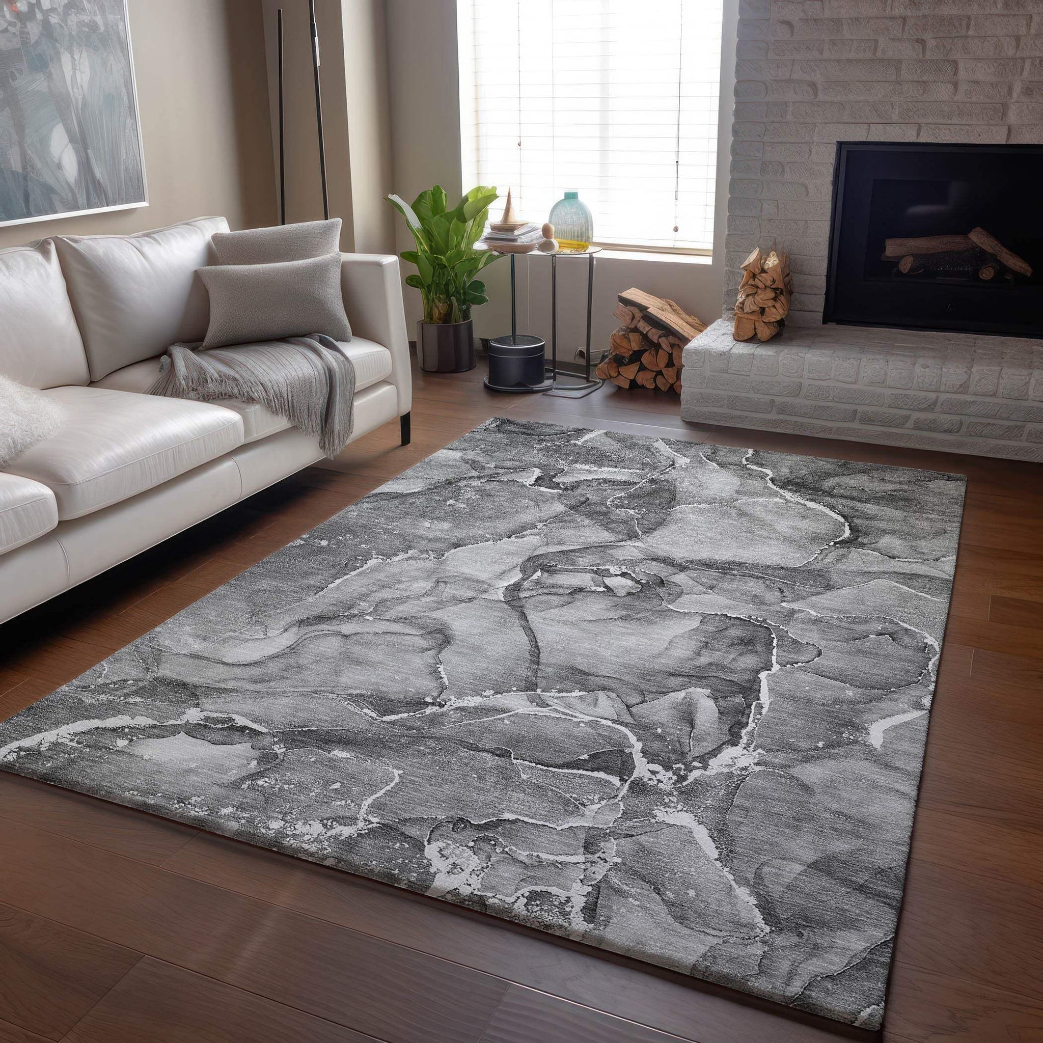 3' X 5' Pewter And Ivory Abstract Washable Area Rug With UV Protection - HomeRoots - Flyclothing LLC