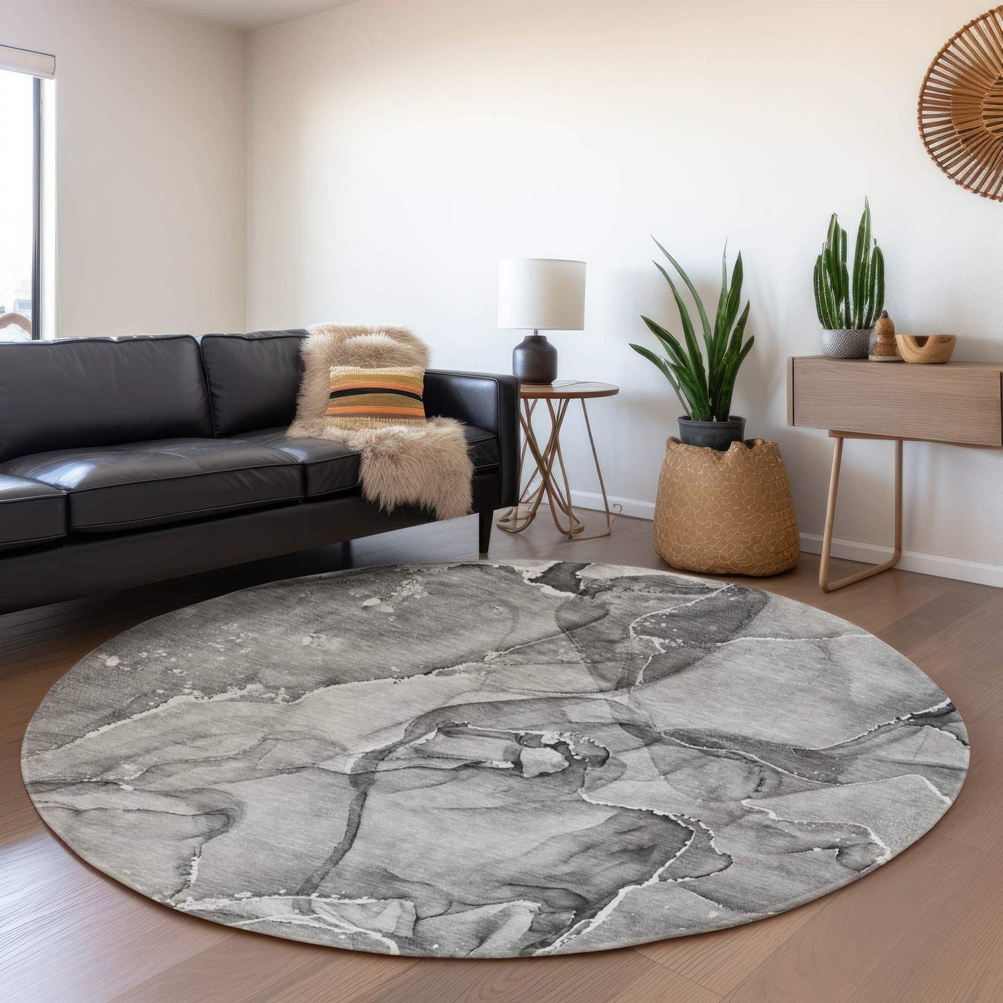 8' Pewter And Ivory Abstract Washable Round Rug With UV Protection - HomeRoots - Flyclothing LLC